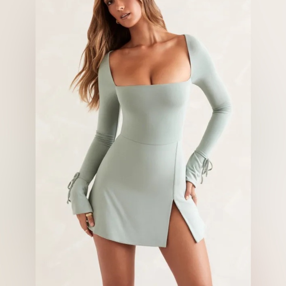Oh Polly Sage Green Long Sleeve Square Neck Midi Dress
